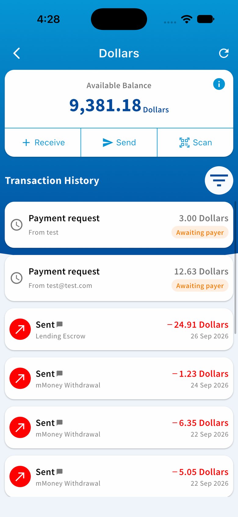mMoney wallet: Dollars account with available balance, send and receive, and transaction history