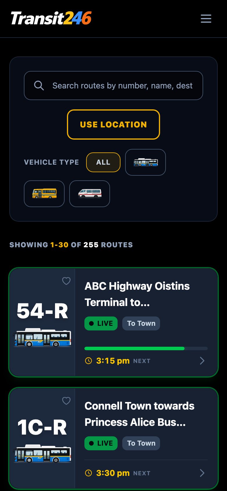Transit246 route list on a phone, with live buses and minutes left